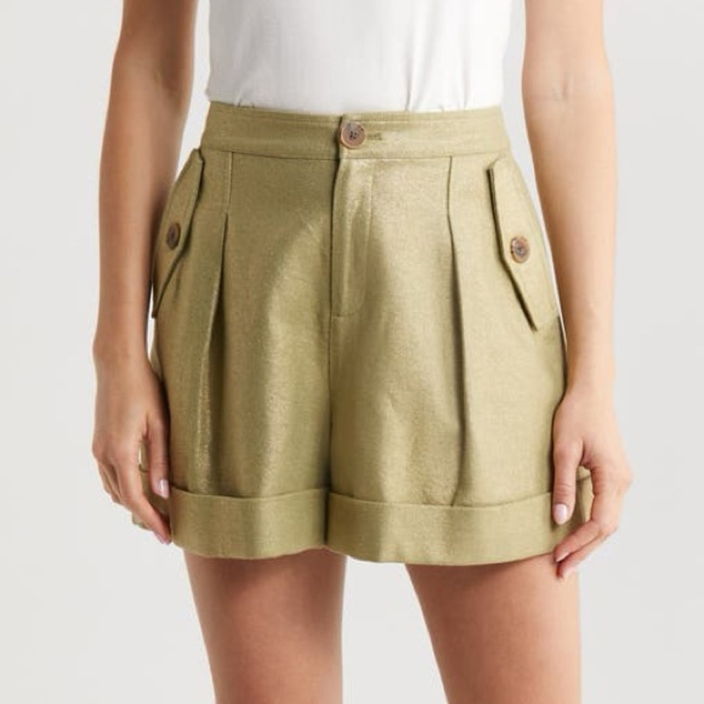 NWT L’Agence Safari High Waist Shorts Oil Green Gold Metallic Sz 8